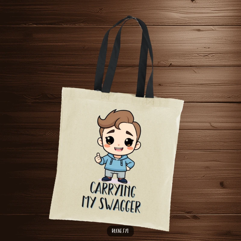 Funny tote bag featuring a simple guy with a cheeky grin striking a confident, humorous pose, perfect for stylish carrying.