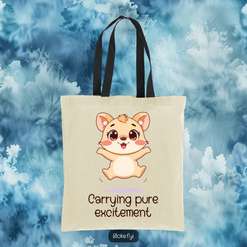 Funny tote bag with a playful animal attempting a clumsy jump with wide, excited eyes, symbolizing pure enthusiasm.