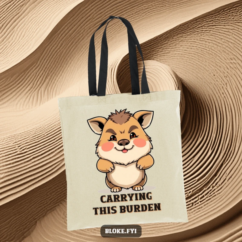 Funny Gruff Animal Tote Bag showcasing a character shrugging with a friendly yet gruff expression, practical and humorous.