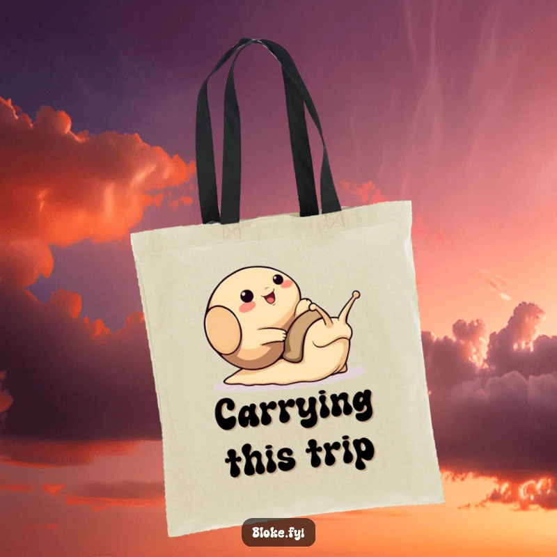 Funny tote bag featuring a bloke animal character tripping over a large, friendly snail, perfect for carrying essentials humorously.