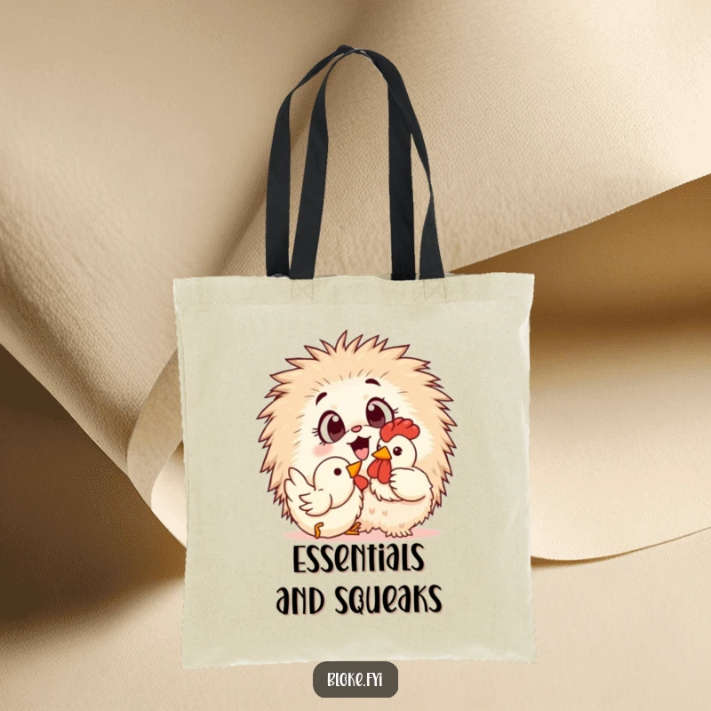 Funny Tote Bag: A fluffy creature joyfully plays with a rubber chicken, showcasing a humorous and practical design.