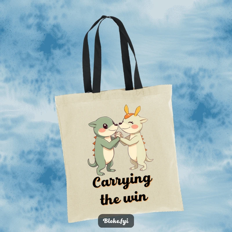 Funny Arm Wrestle Creature Tote Bag showing a character with short, sturdy limbs arm wrestling, perfect for carrying essentials.