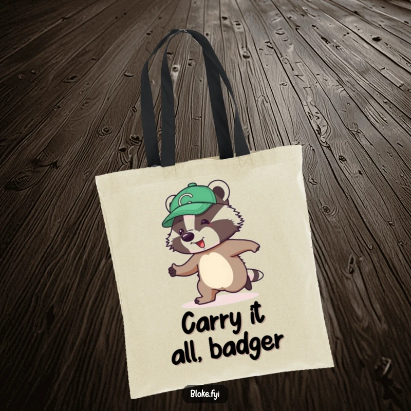 Funny Tote Bag showing a jolly badger in a cap awkwardly attempting to skip, full of endearing clumsiness.