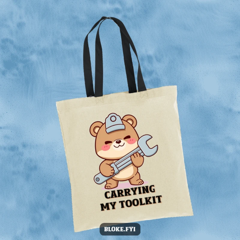 Funny tote bag featuring a mischievous bear character offering a giant wrench, ideal for carrying tools with humorous flair.
