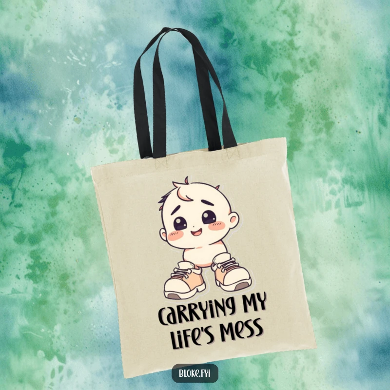 Funny Tote Bag: A squat character wears bewildered expression and oversized shoes, showcasing a humorous and practical design.