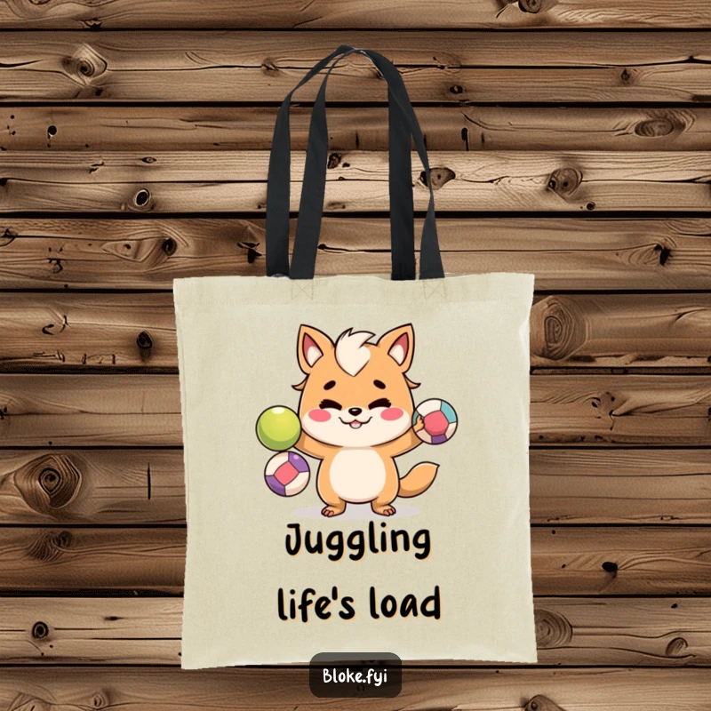 Funny tote bag with a mischievous bloke animal character juggling three colorful balls, great for daily use and humor.