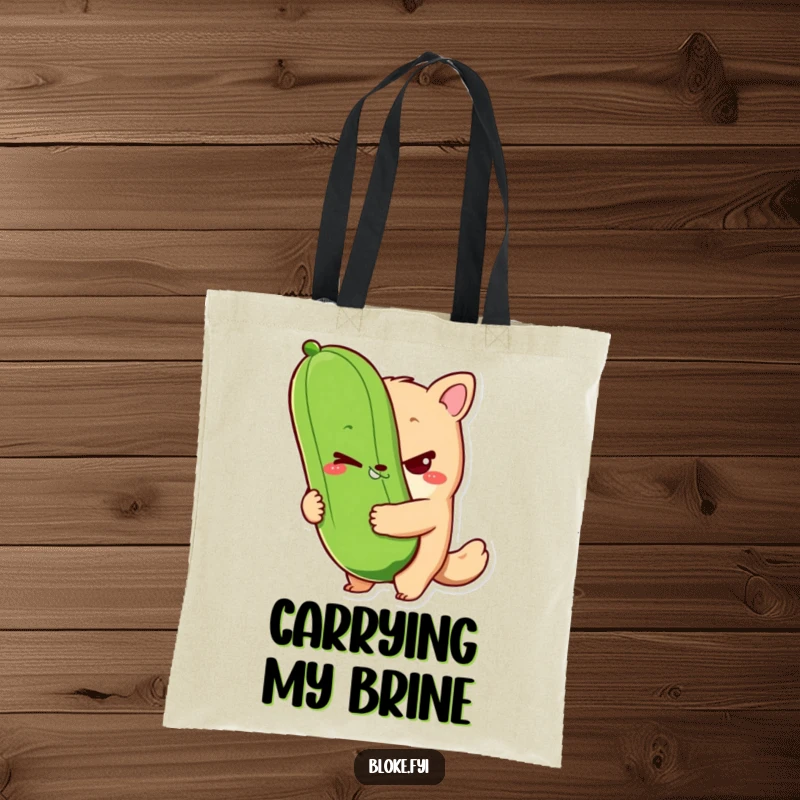 Funny bloke animal character tote bag featuring a sly wink and holding a giant pickle, ideal for carrying items with a humorous touch.