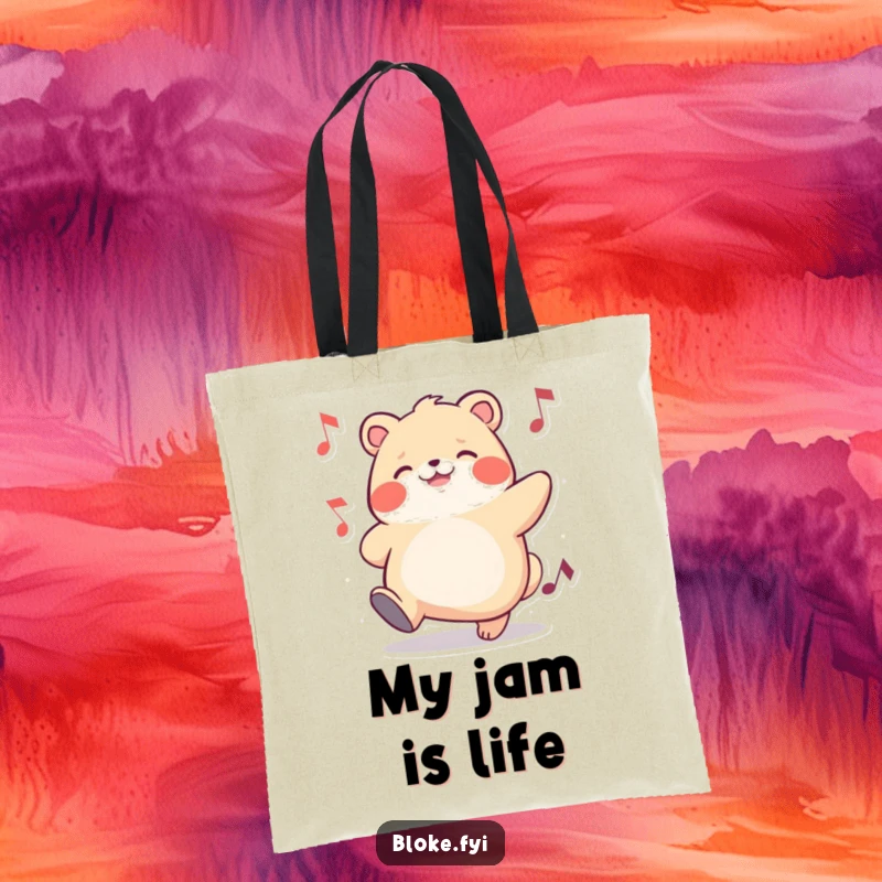 Funny tote bag with a chubby animal character joyfully tapping its foot, perfect for carrying essentials with a musical vibe.