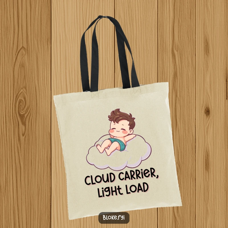 Funny tote bag showcasing a bloke character relaxing playfully on a stylized cloud, ideal for carrying items with ease.