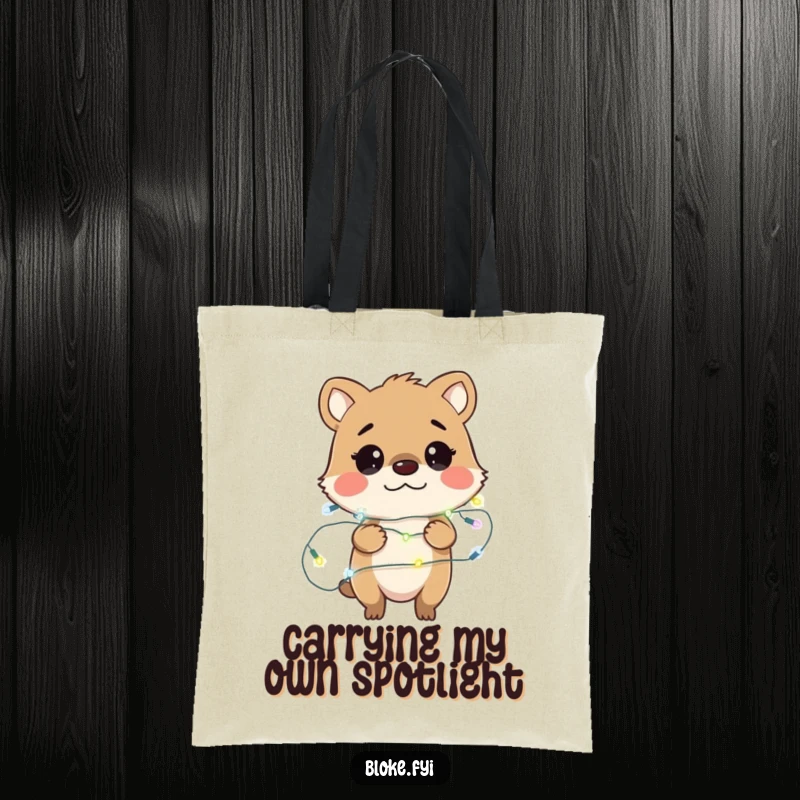 Funny tote bag showcasing a bewildered bloke animal character tangled in fairy lights, a humorous and practical accessory for any occasion.