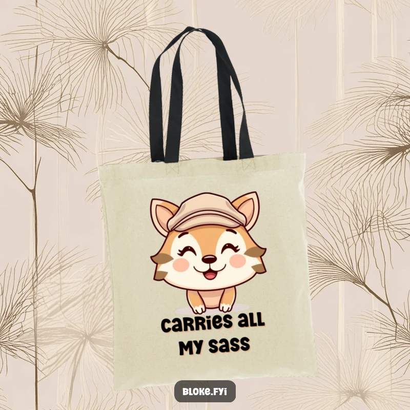 Funny tote bag displaying a cute animal character in a flat cap with a bold, cheeky grin, perfect for stylish, humorous errands.