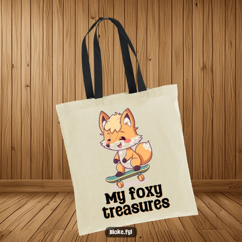 Funny Tote Bag showing a smiling fox with tousled fur attempting to skateboard, full of cool, playful energy.