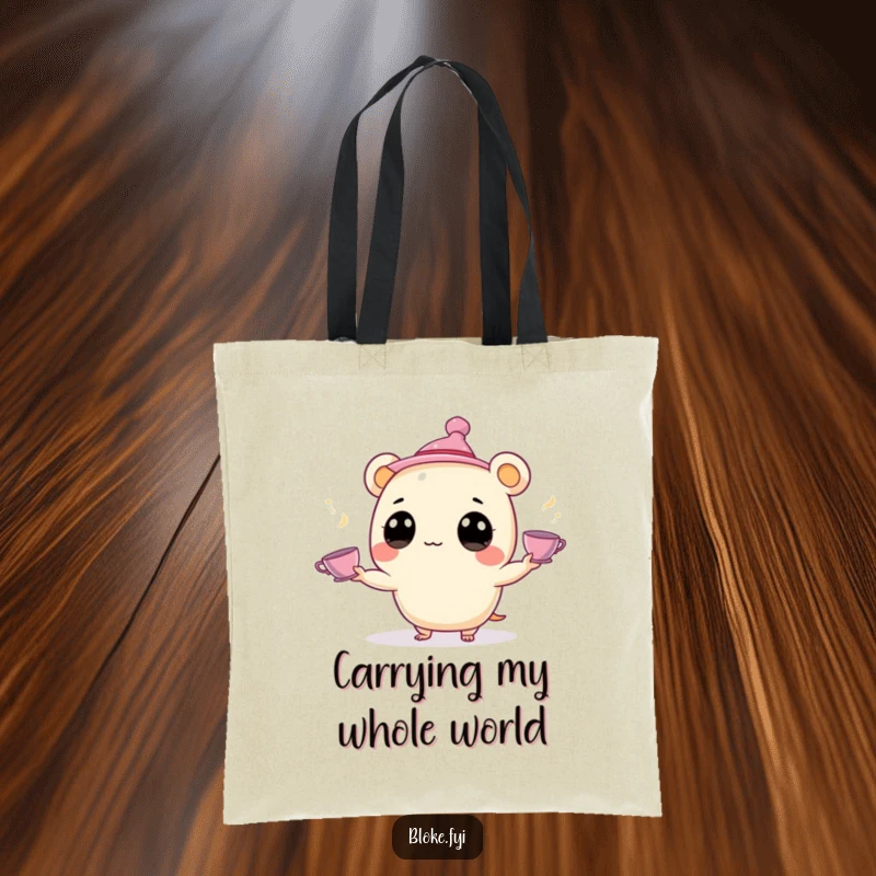 Funny Tote Bag: A small, round creature with a hat juggles teacups, making this a humorous and practical accessory.