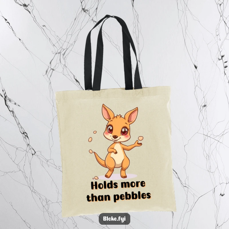 Funny kangaroo tote bag depicting a wide-eyed kangaroo masterfully juggling pebbles, a practical and humorous accessory.