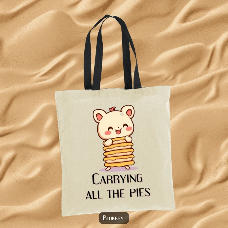 Funny Tote Bag: A stubby character with round ears balances pies, showcasing a humorous and practical design.