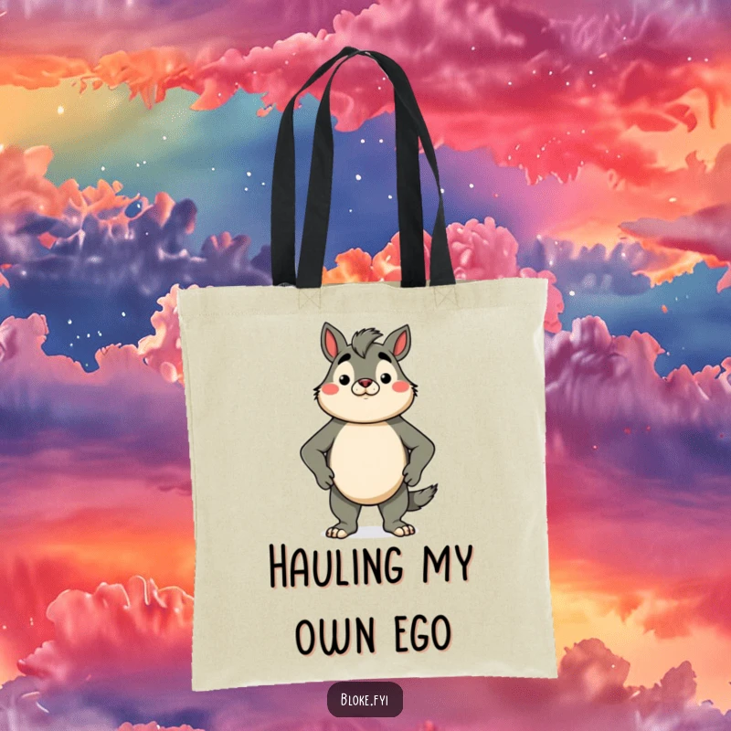 Funny tote bag showcasing a proud bloke animal character standing tall with its chest puffed out, a symbol of confidence and pride.