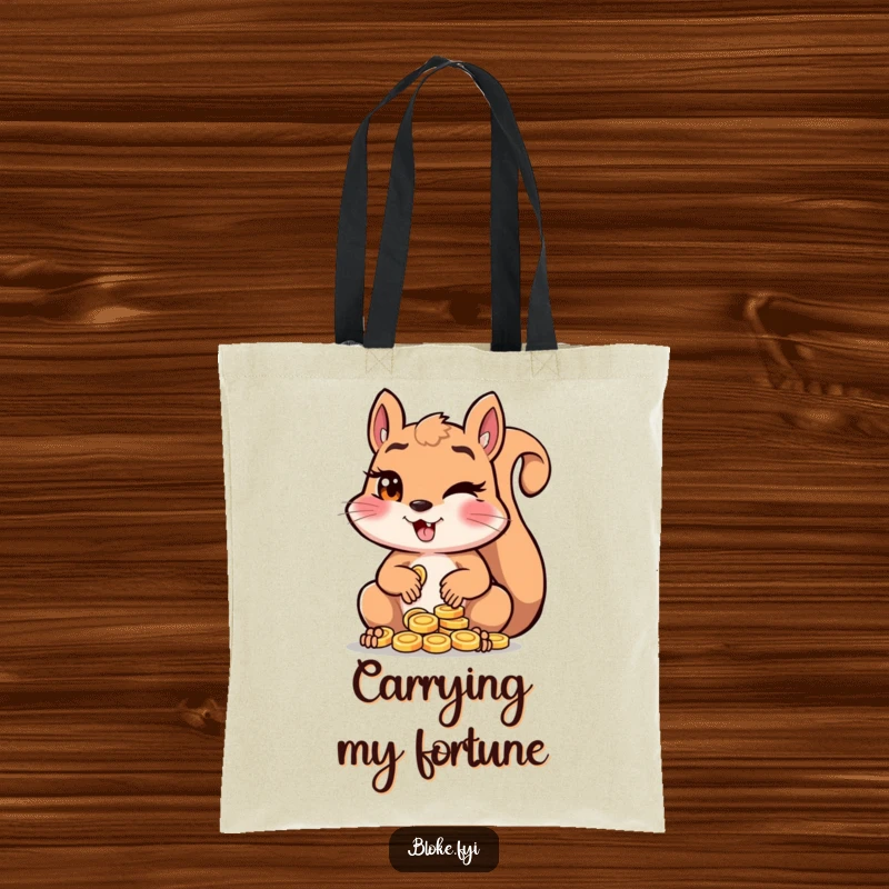 Funny squirrel winking with a sly expression while counting a mound of shiny coins, on a durable tote bag.