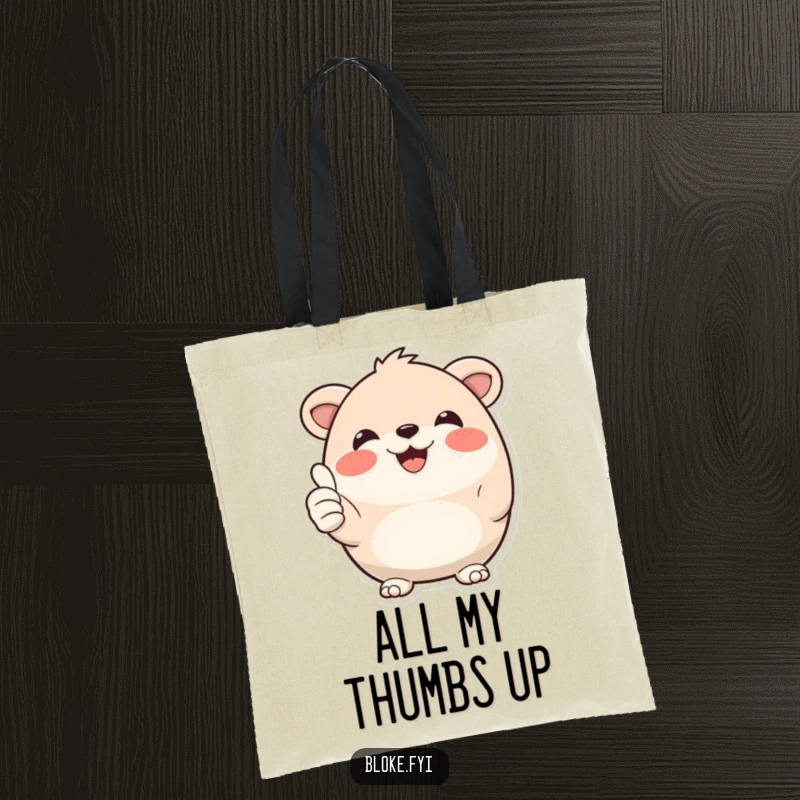 Funny Tote Bag: A round, happy animal character offering a big smile and a double thumbs-up, great for cheerful shoppers.