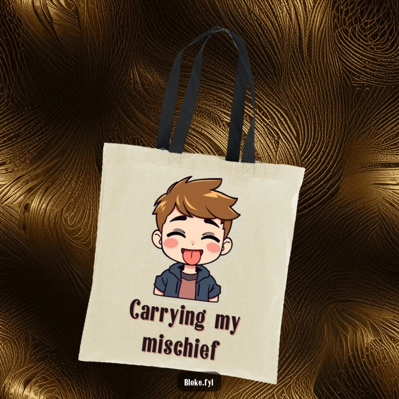 Funny tote bag featuring a grinning guy character playfully sticking out his tongue, perfect for carrying items with humor.