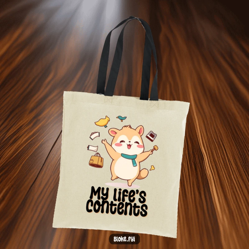 Funny tote bag featuring a stout animal character with a happy waddle, comically juggling mismatched items, perfect for stylish carrying.