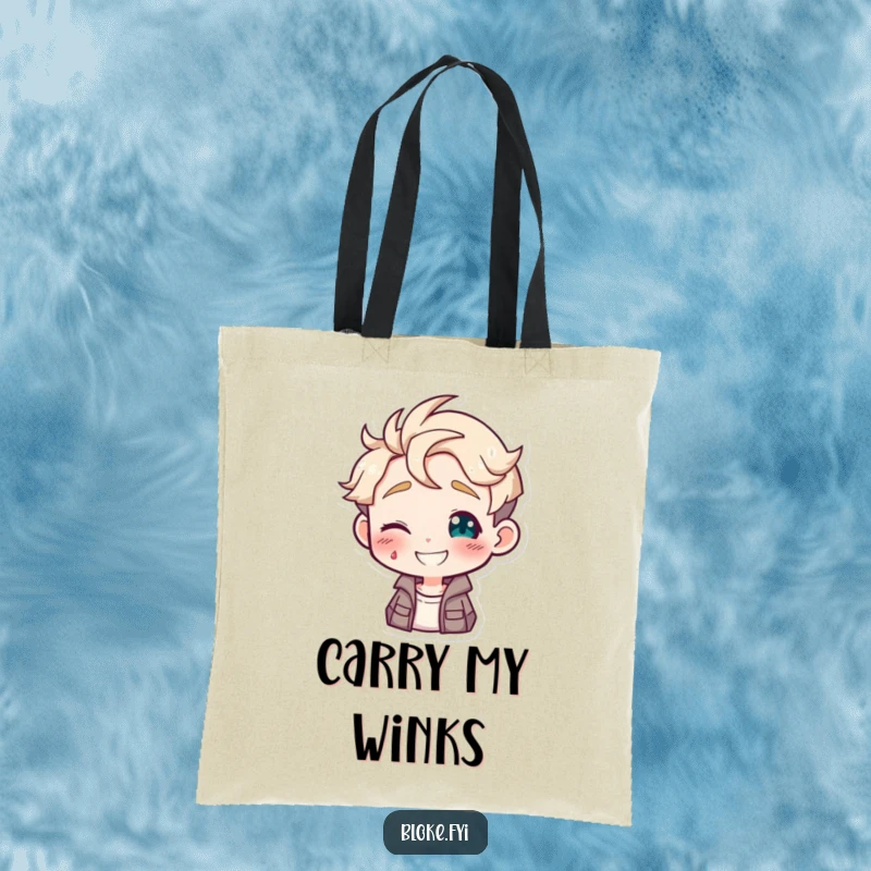 Funny tote bag showcasing a guy character with a knowing, playful wink, ideal for adding charm to daily tasks.