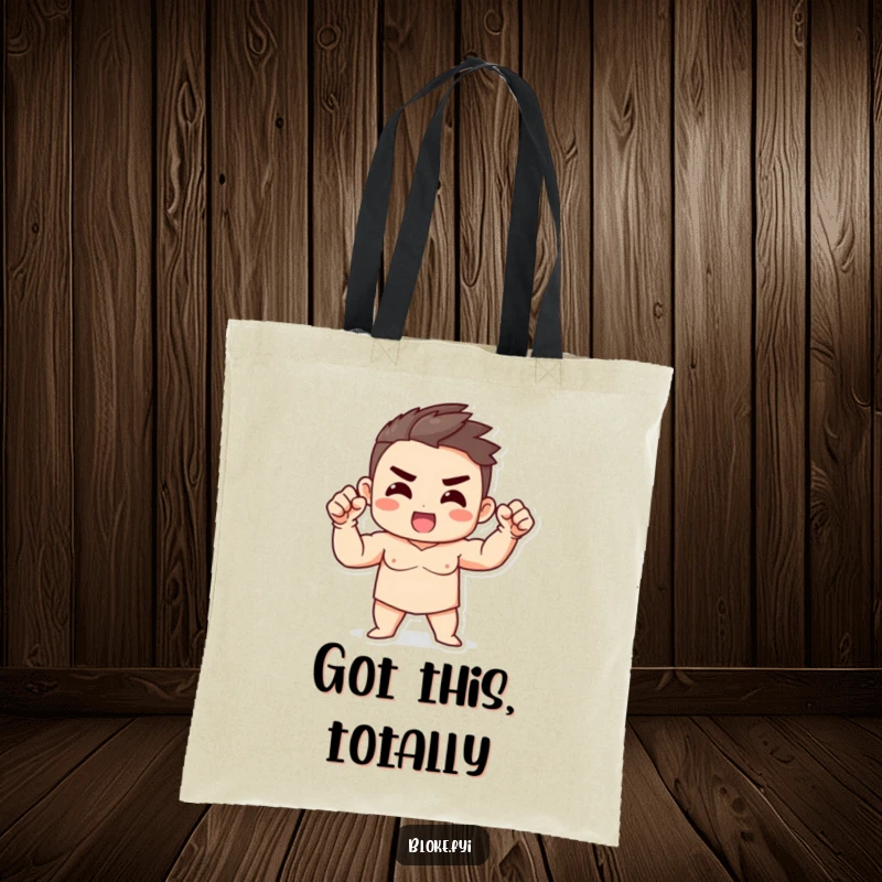Funny Strong Character Tote Bag showcasing a character with a strong build, giving an enthusiastic fist gesture, symbolizing drive.