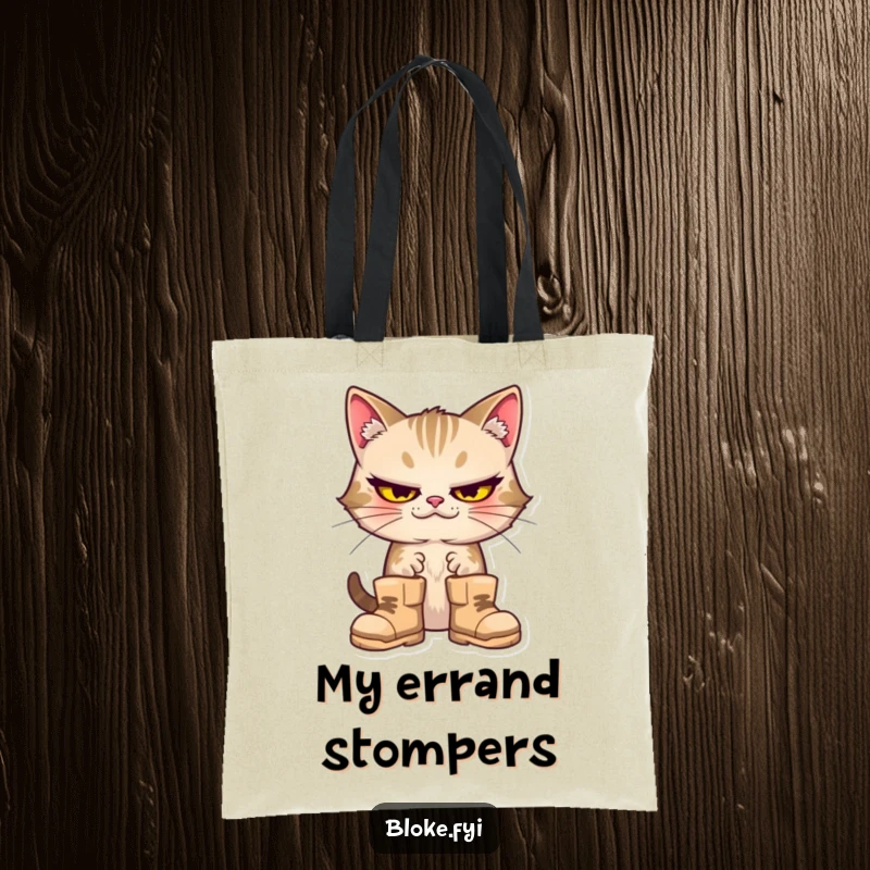 Funny cat with a goofy expression wearing large boots, printed on a durable tote bag.