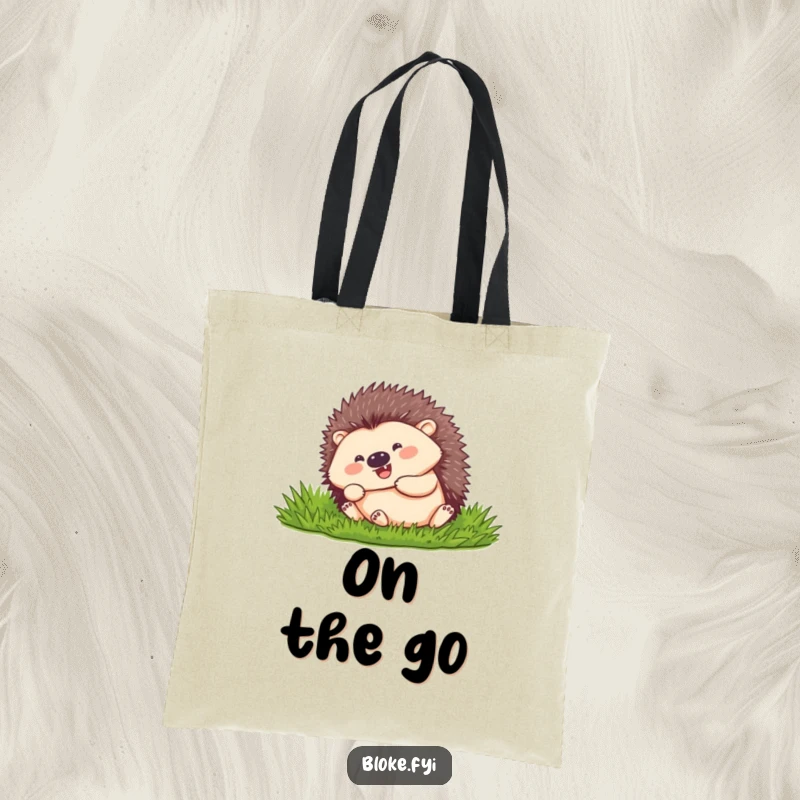 Funny hedgehog with a happy expression, rolling downhill, on a durable tote bag.