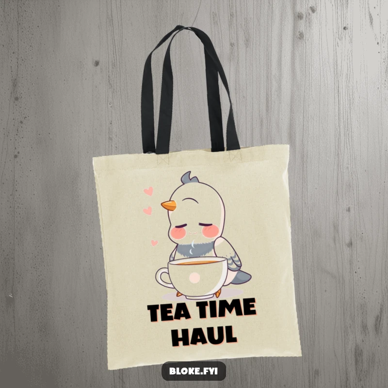 Funny pigeon with closed eyes, looking peaceful, enjoying tea, on a durable tote bag.
